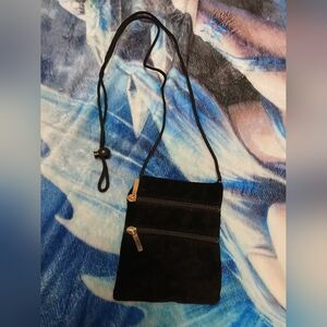 Black Suede Crossbody Bag with Zippers